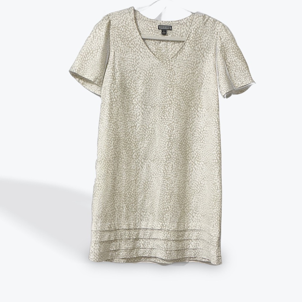 Nicole Miller Original Linen Blend Shift Dress Large Neutral Print Tunic V-Neck